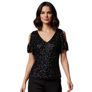 ADRIANNA PAPELL BOUTIQUE 3X Black Silk Beaded Sequin Whimsigoth Top Vtg 90s